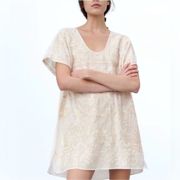 Zara Tops - Zara Cream Embroidered flowy cotton Blouse Tunic